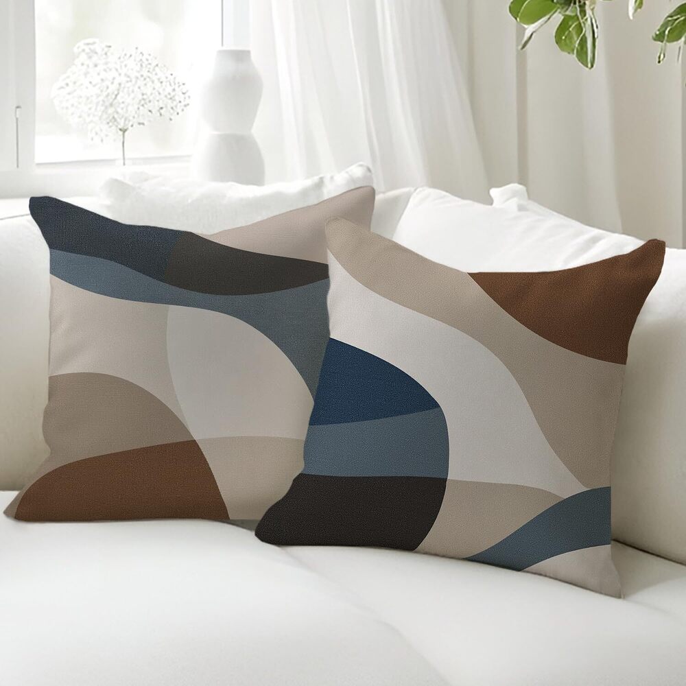 2027 Tan Blue Throw Pillows Covers, Tan Decorative Throw Pillow Covers